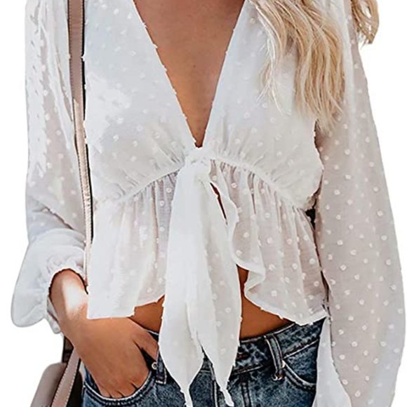 MAXIMGR Tops - MAXIMGR Open Front Tie Knot Crop Top Long Sleeve Deep V Neck Ruffle Blouse
